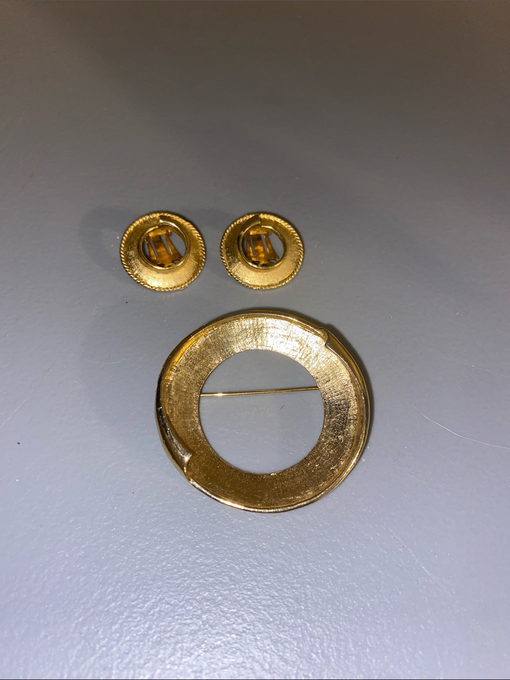 Vintage Gold-Tone Circular Brooch and Clip Earrings Set